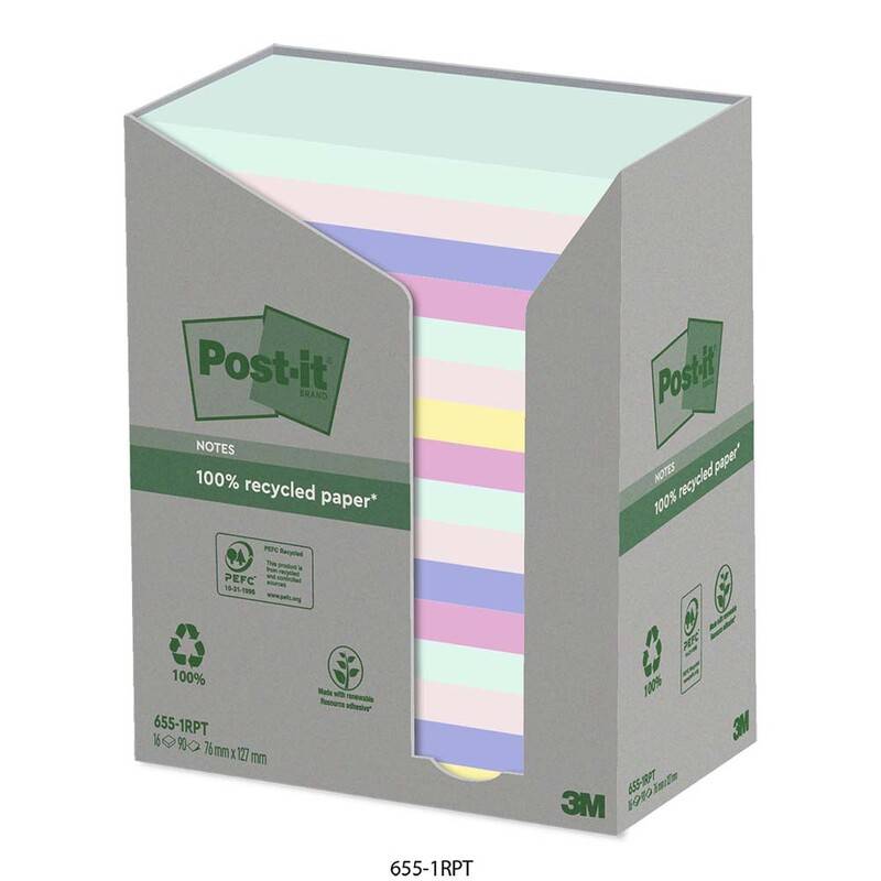 Post-it blok Recycled notes 76x127mm i flere farver, 16 blokke