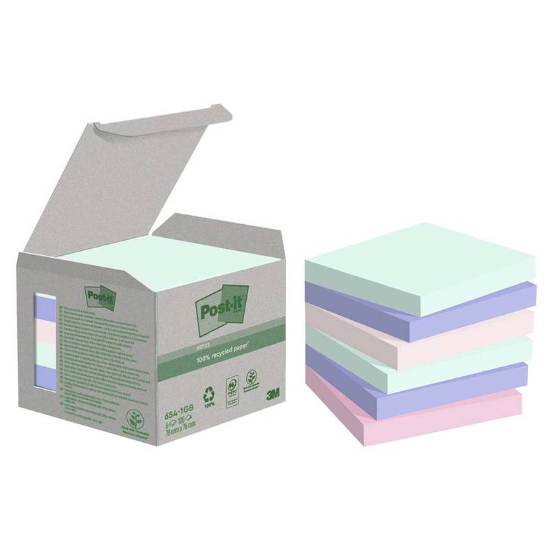 Post-it Recycled Notes 76x76mm assorterede farver