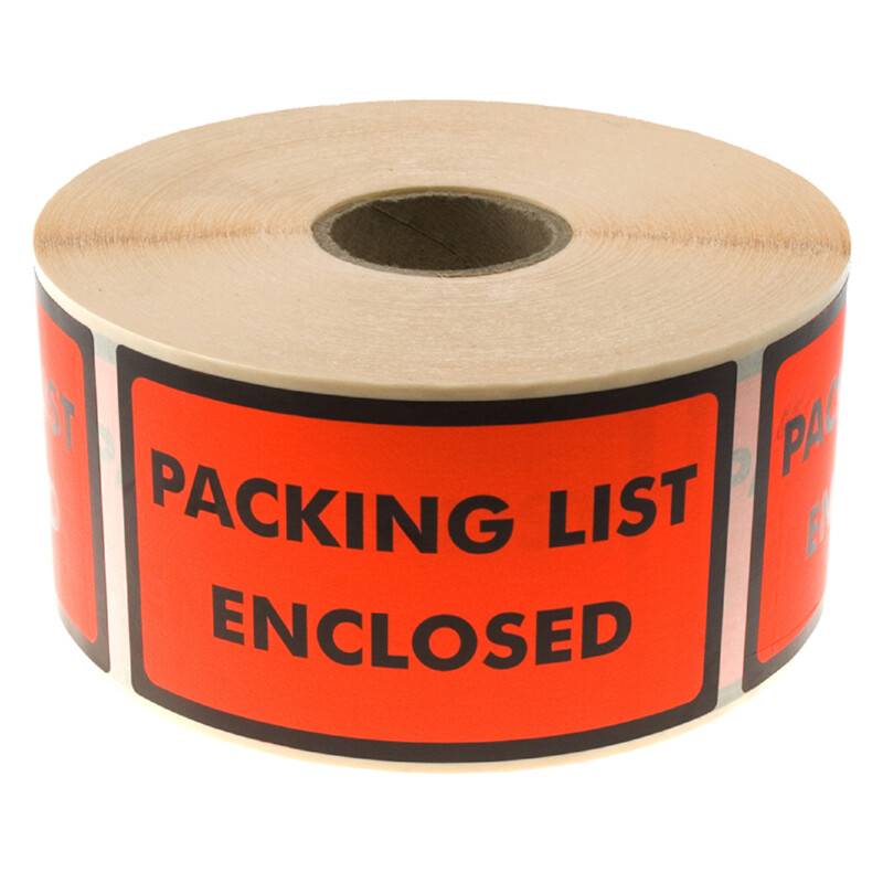 Etiketter med tekst "Packing List Enclosed" 120x70mm, 1000 stk