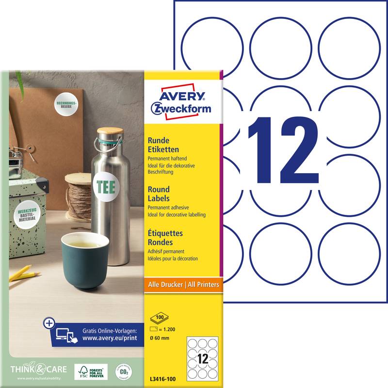 Avery promotion etiketter runde L3416-100, Ø60mm hvid