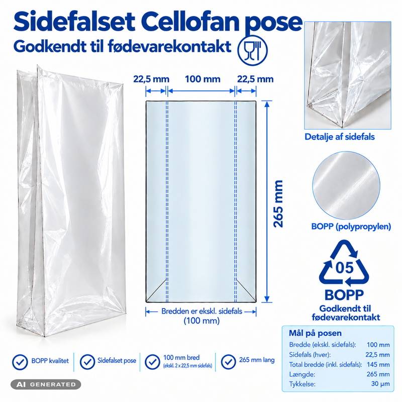 Cellofanpose OPP sidefalspose 100/45x265mm 30g, 1000 stk