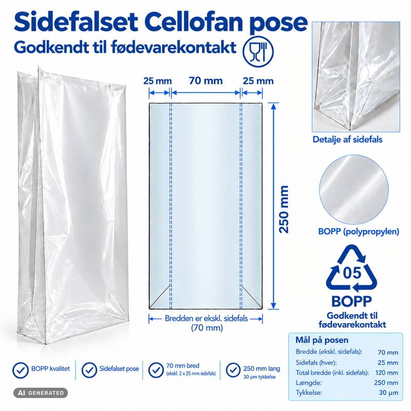 Cellofanpose OPP sidefalspose 65/50x250mm 30g, 1000 stk