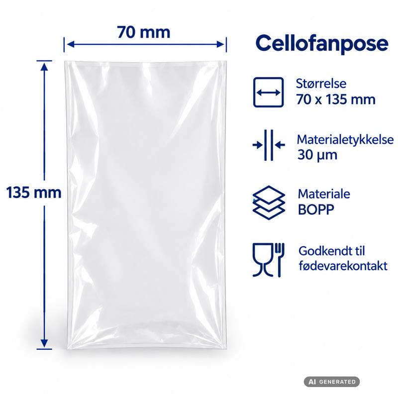 Cellofanpose OPP fladpose 70x135mm 35g, 1000 stk