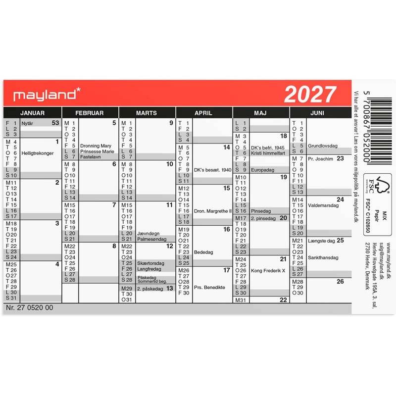 Mayland 2027 Minikalender 2x6 m&aring;neder 11,7x7cm 27052000