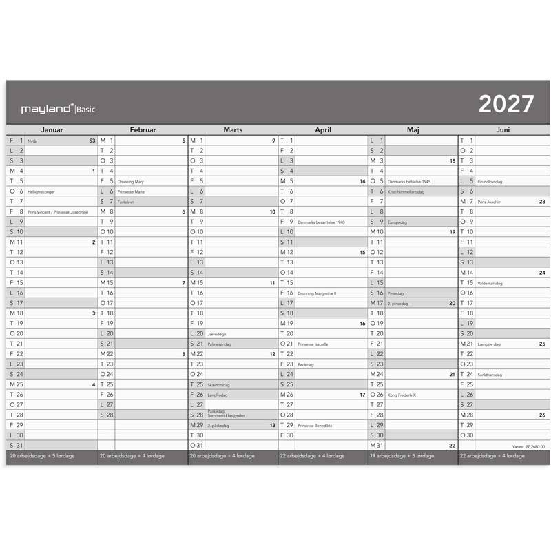 Mayland 2027 Basic kontorkalender A4 gr&aring; 27268000