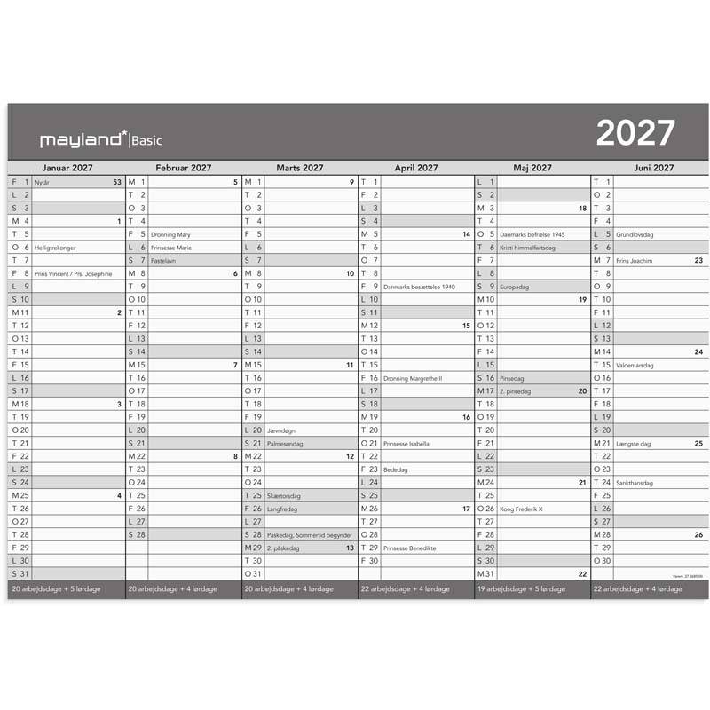 Mayland 2027 Basic kontorkalender A3 gr&aring; 27268500