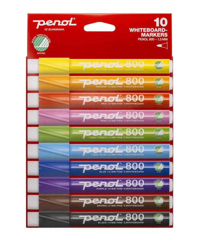 Penol, 800 whiteboardmarker 1,5mm rund spids, s&aelig;t med 10 farver