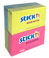 Stick'n notesblok 76x127mm i assorterede neon farver