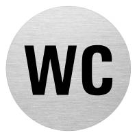 Dørskilt med teksten WC i aluminium med sort skrift Ø75mm