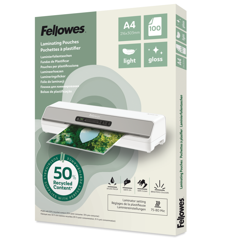 Fellowes lamineringslommer A4 50% genbrug 75/80mic blank