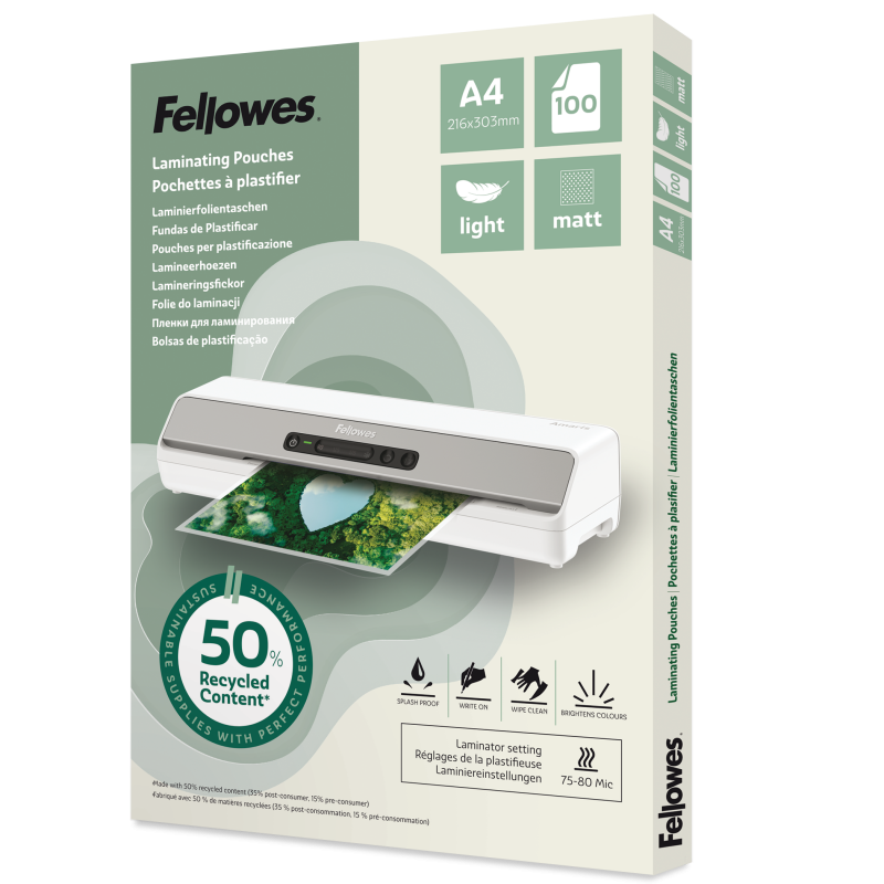 Fellowes lamineringslommer A4 50% genbrug 75/80mic mat