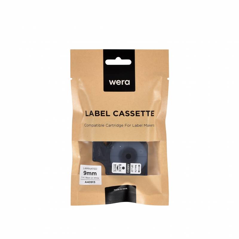 Wera labeltape A40913 kompatibelt 9mmx7m sort p&aring; hvid