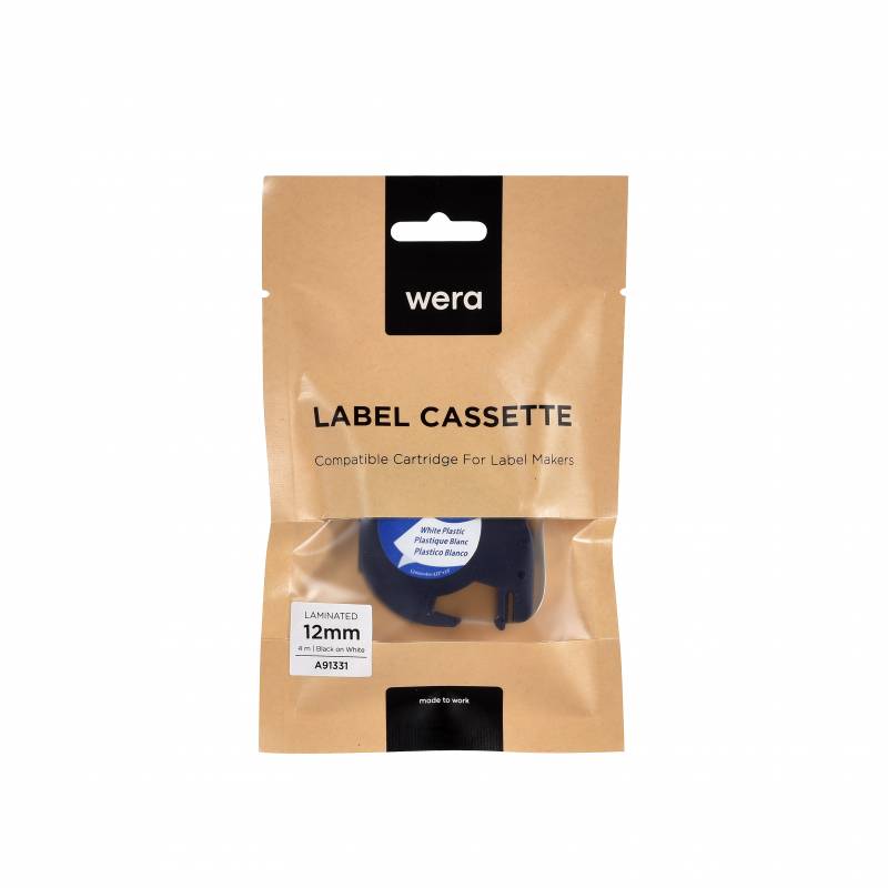 Wera labeltape A91331 kompatibelt 12mmx4m sort p&aring; hvid