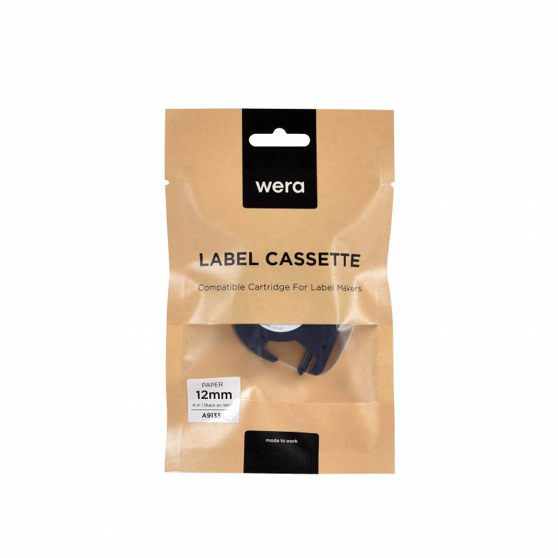 Wera label papir A91330 kompatibelt 12mmx4m sort p&aring; hvid