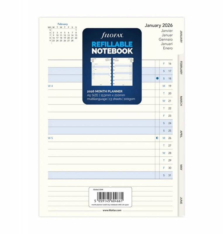 Filofax 2026 kalender refill Notesbog med månedsplan A5