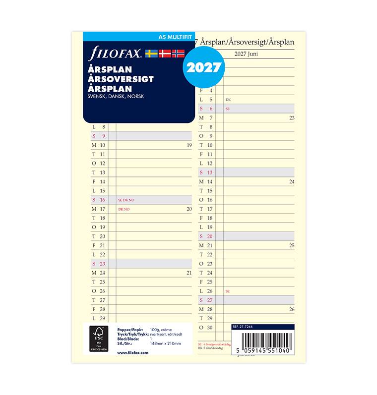 Filofax årsplan A5 2027 Svensk/Dansk/Norsk 