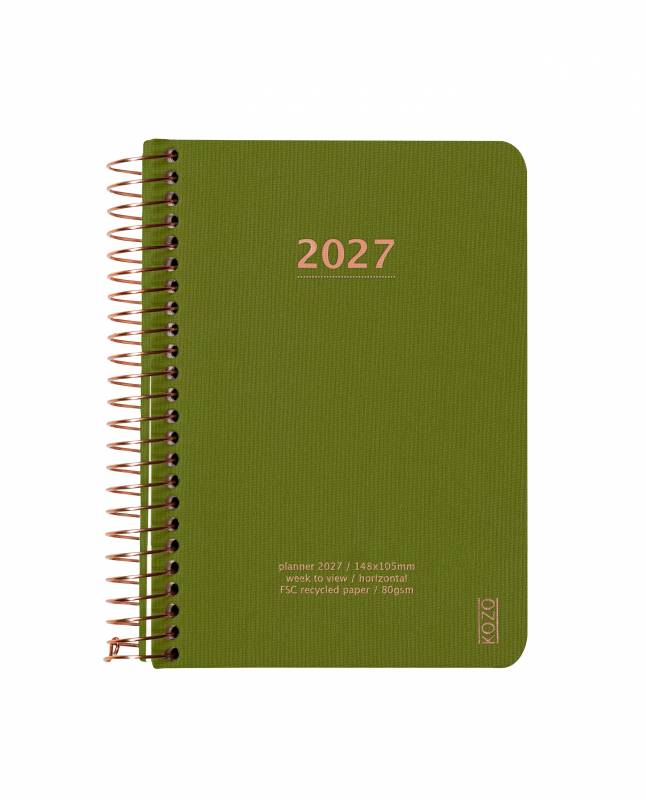 KOZO 2027 &aring;rskalender med en uge pr side A6 gr&oslash;n