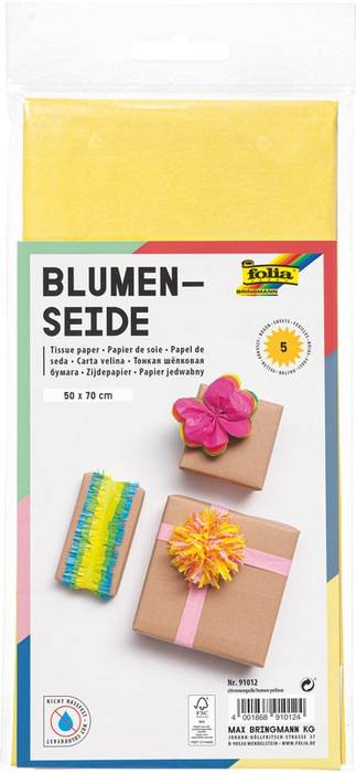 Silkepapir 50x70cm 20g/m² foldet til 125x250mm lys gul, 5 ark