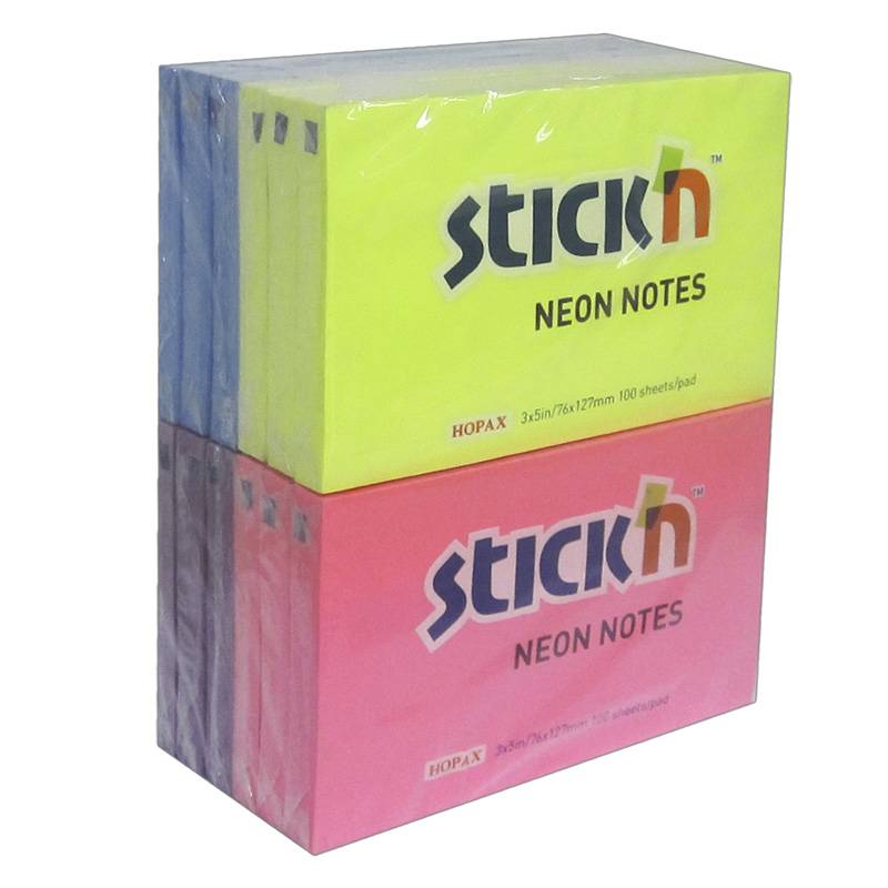 Stick'N notes selvkl&aelig;bende 76x127mm, ass neon farver