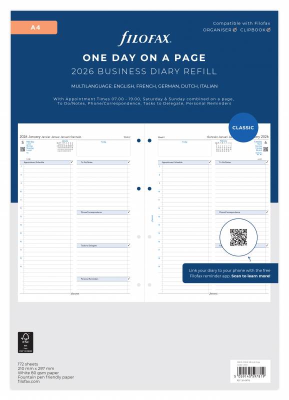 Filofax 2026 kalender refill A4 med en dag pr side