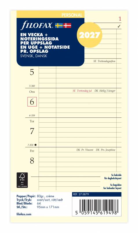 Filofax 2027 kalender refill Personal med 1 uge pr side 27-3879