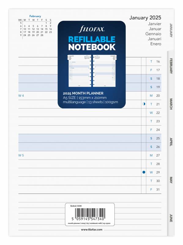 Filofax 2025 Månedsplan Notebook A5