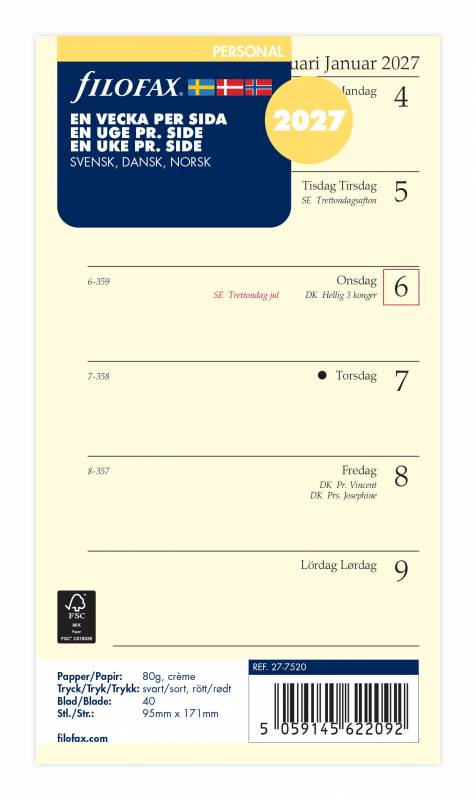 Filofax 2027 refill Personal dagbog med 1 uge pr side 27-7520