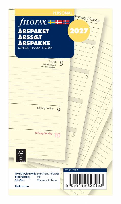 Filofax 2027 kalender &aring;rspakke refill Personal med en uge pr side