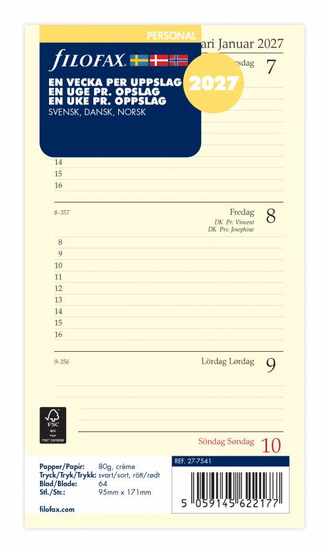 Filofax 2027 kalender refill Personal med en uge pr side p&aring; dobbeltside
