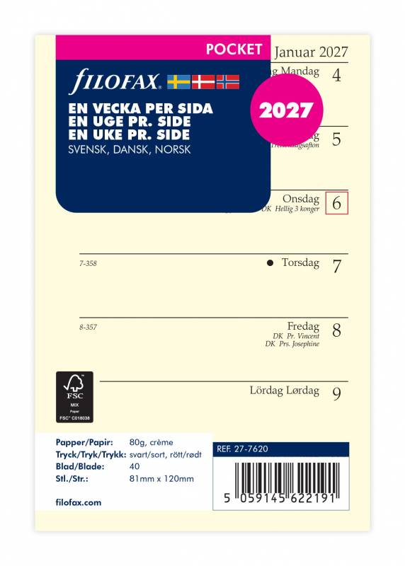Filofax 2027 kalender refill Pocket med en uge pr. side