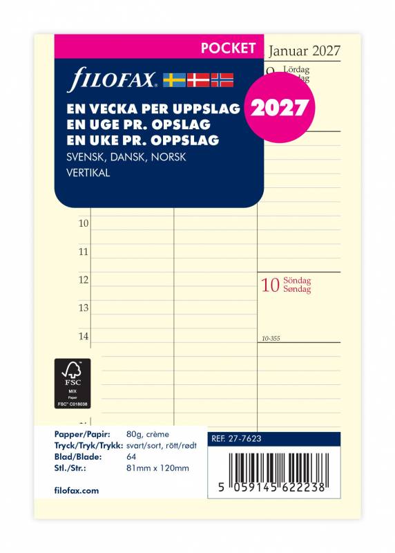 Filofax 2027 kalender refill Pocket med en uge pr opslag lodret
