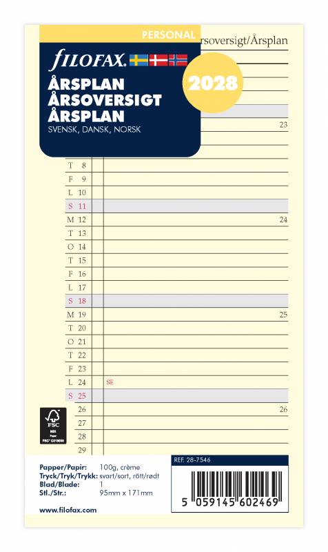 Filofax 2028 årsoversigt Personal Svensk/Dansk/Norsk