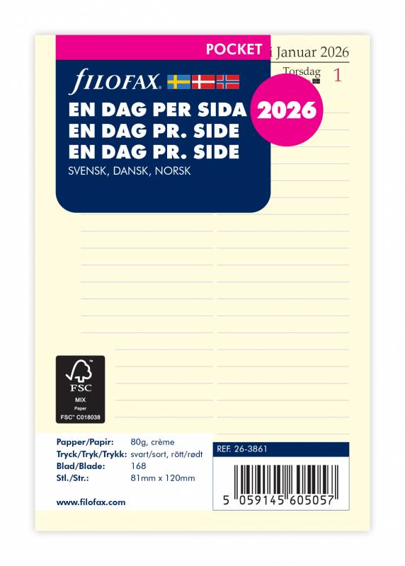 Filofax 2026 kalender refill Pocket med en uge pr side