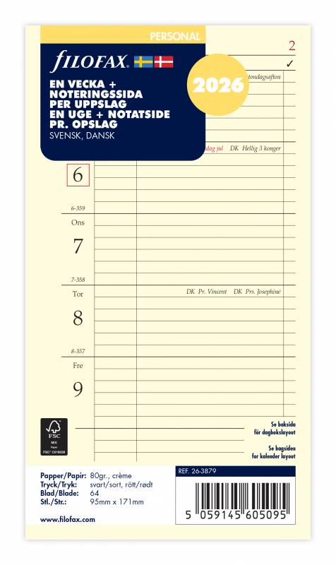 Filofax 2026 kalender Personal refill med en uge pr side 26-3879