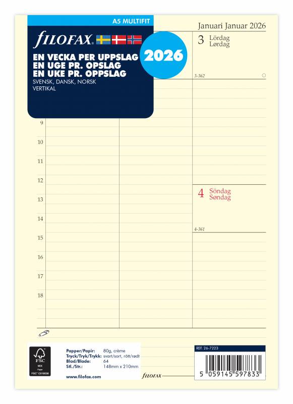 Filofax Dagbog 2026 kalender refill A5 med en uge pr opslag lodret