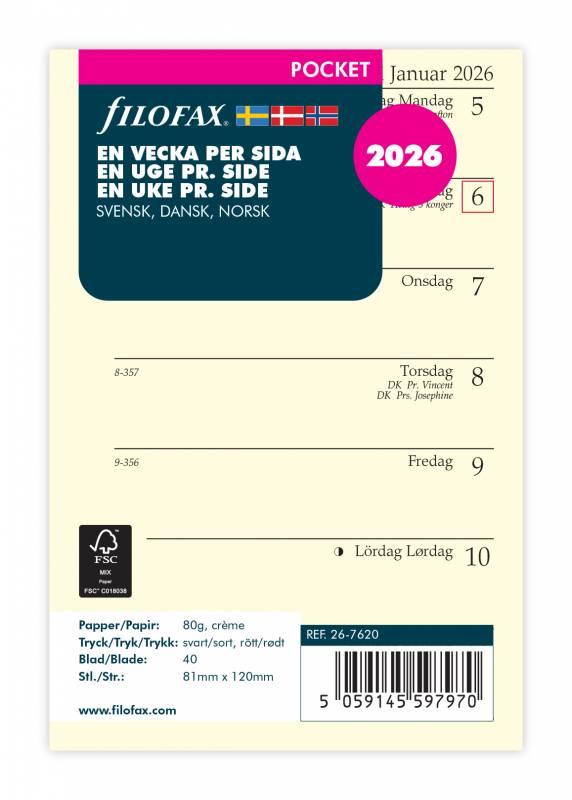 Filofax Dagbog 2026 kalender refill Pocket med en uge pr side