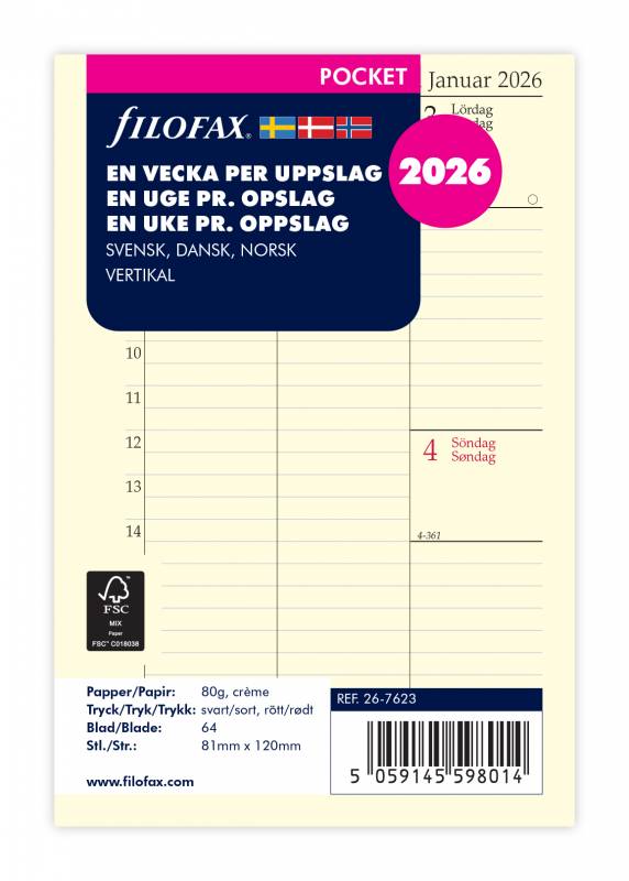 Filofax 2026 kalender refill Pocket med en uge pr opslag lodret