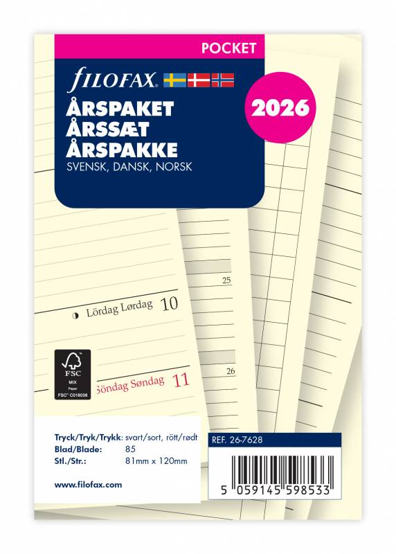 Filofax 2026 kalender refill Pocket årspakke med en uge pr side
