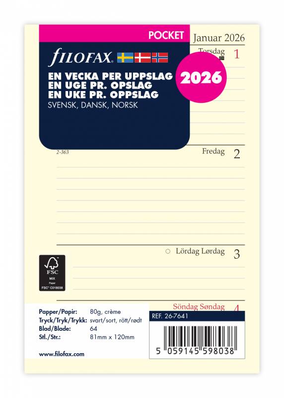 Filofax 2026 kalender refill Pocket med en uge pr opslag vandret