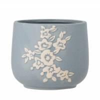 Bloomingville Betino &Oslash;16x13,5 cm Urtepotteskjuler i Bl&aring;t Stent&oslash;j med Blomstermotiv