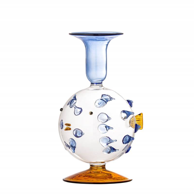 Creative Collection Phila Lysestage i Glas i bl&aring; og ravgule nuancer