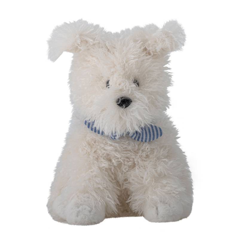 Bloomingville MINI Tito Bamse Hvid Hund i Bl&oslash;dt Polyester med Bl&aring;stribet Sl&oslash;jfe 28 cm