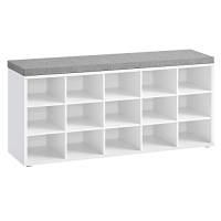 Garderobebænk 105x30cm med grå hynde og 15 rum til sko hvid
