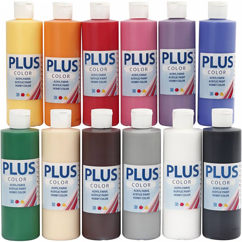 Plus Color hobbymaling standardfarver, s&aelig;t med 12 x 250 ml