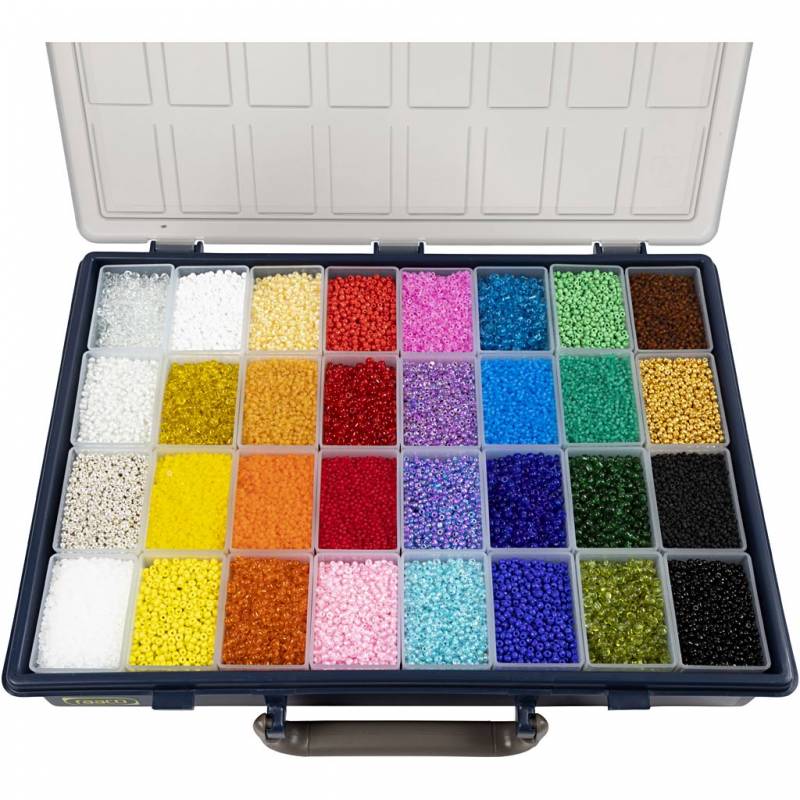 Rocaiperler &Oslash;1,7+3+4mm i &aelig;ske med assorterede farver, 32x100 g