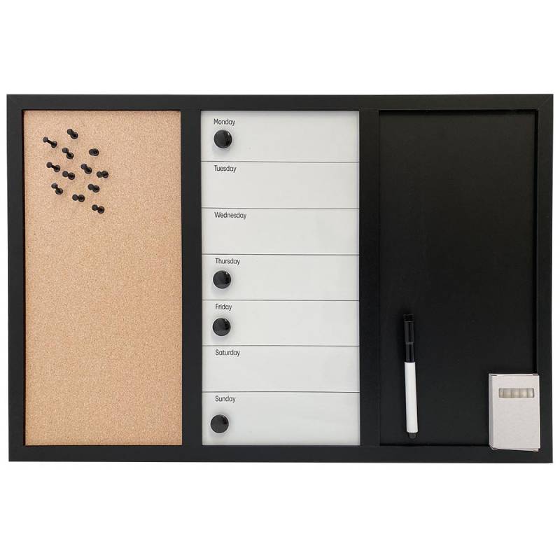 Whiteboard, kork- og kridt kombitavle med ugeplan 70x50cm