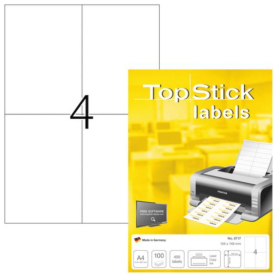 TopStick etiketter 105x148,5mm 4 labels pr ark 100 ark hvid