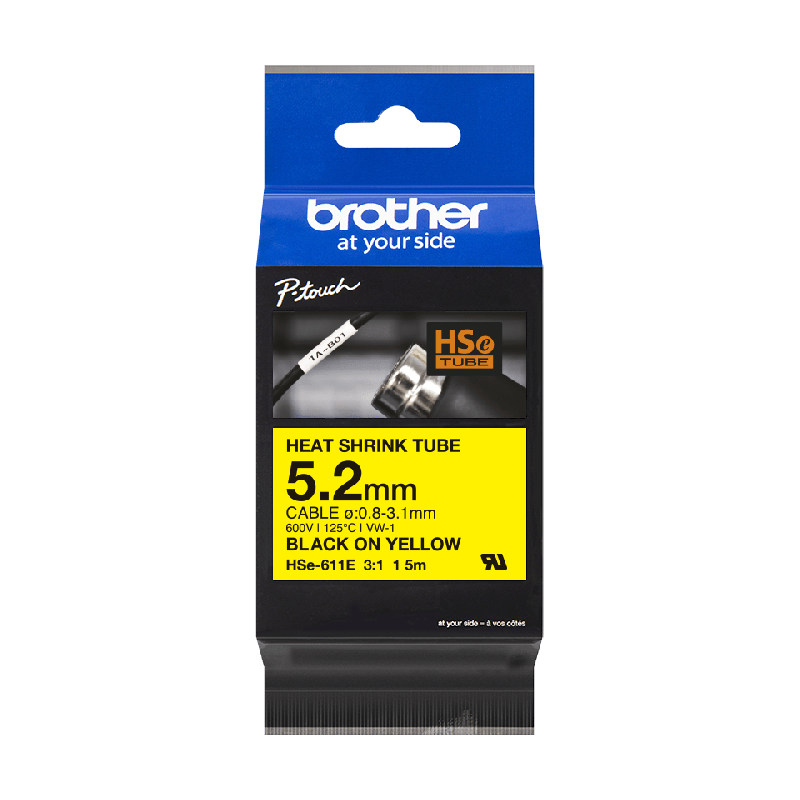 Brother HSe-611E sort på gul krympeflextape 5,2 mm