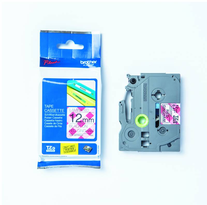 Brother TZe-MPRG31 printer sort tekst på rødt ternet lamineret tape