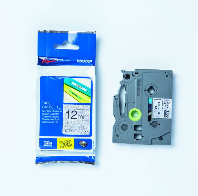 Brother TZe-MPSL31 printer sort tekst på sølv blonde tape